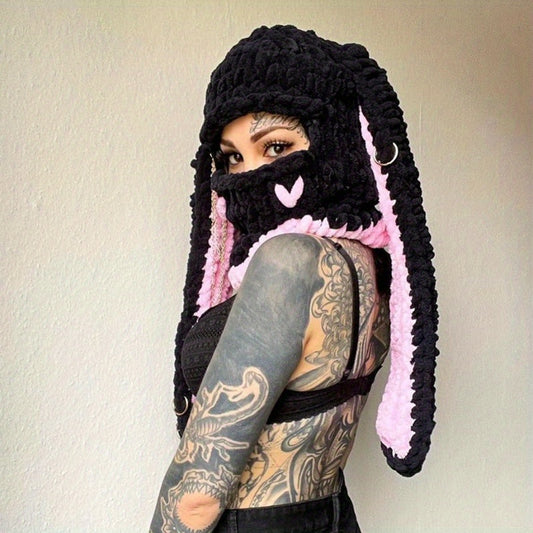 Wool Punk Sweet Cool Style Hood Bunny Ears Mask Hood Sweet Cool Hottie Hand- Thickened Warm Hat Ladies Novelty Hat