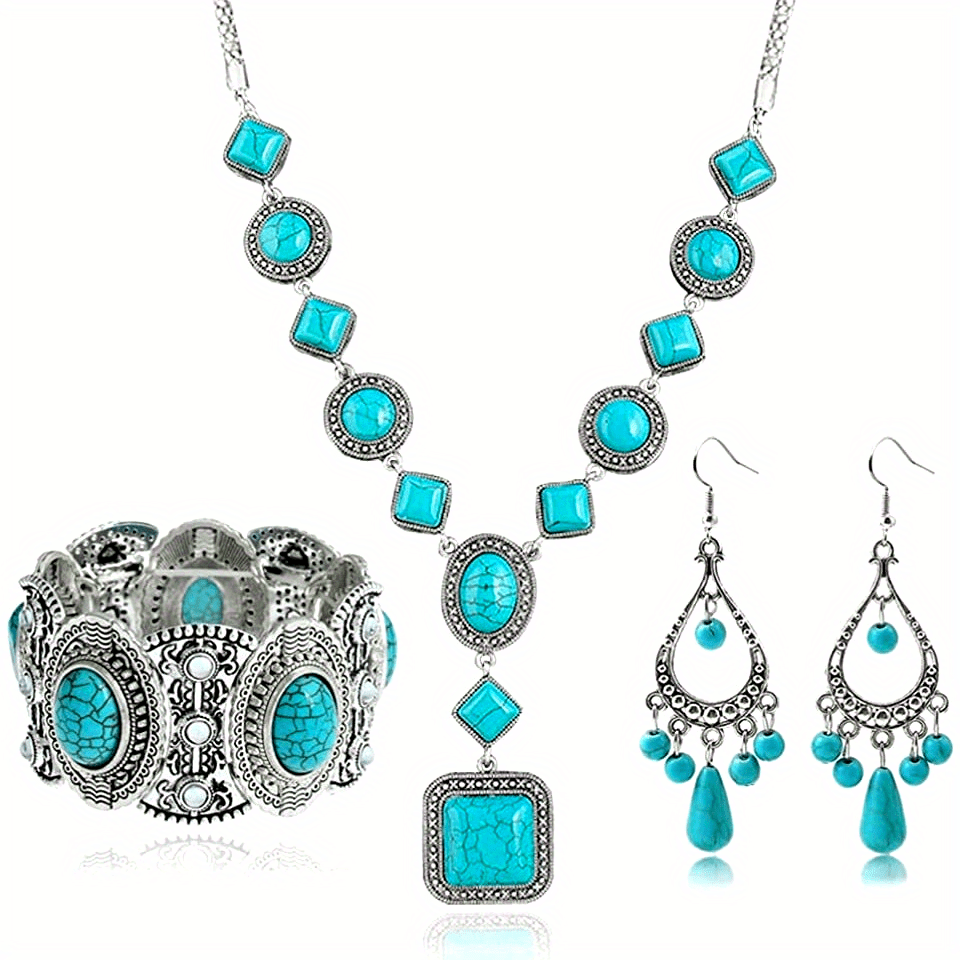 Turquoise Jewelry Set for Women Boho - 3 Piece Natural Stone Necklace Bracelet Earrings Set, Bohemian Silver Plated Beaded Jewelry Gift Set for Her