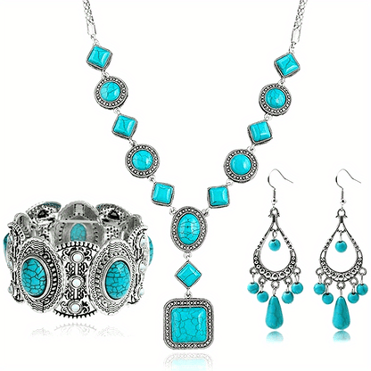Turquoise Jewelry Set for Women Boho - 3 Piece Natural Stone Necklace Bracelet Earrings Set, Bohemian Silver Plated Beaded Jewelry Gift Set for Her