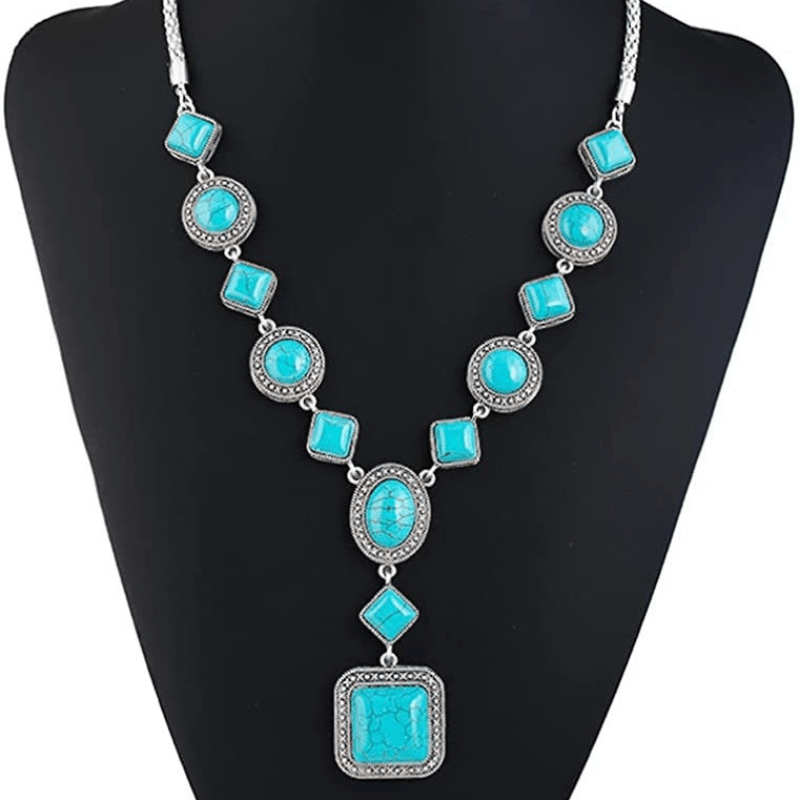 Turquoise Jewelry Set for Women Boho - 3 Piece Natural Stone Necklace Bracelet Earrings Set, Bohemian Silver Plated Beaded Jewelry Gift Set for Her