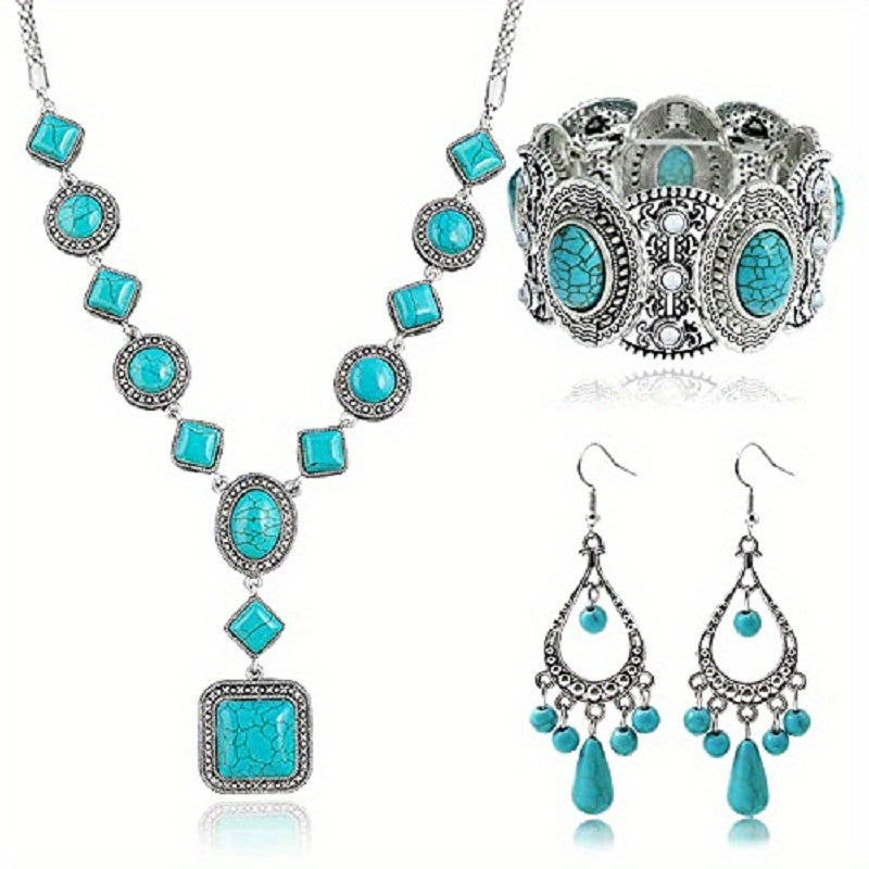 Set of Beaded Jewelry Including a Round Necklace, Bracelet, And Earrings in Bohemian Turquoise