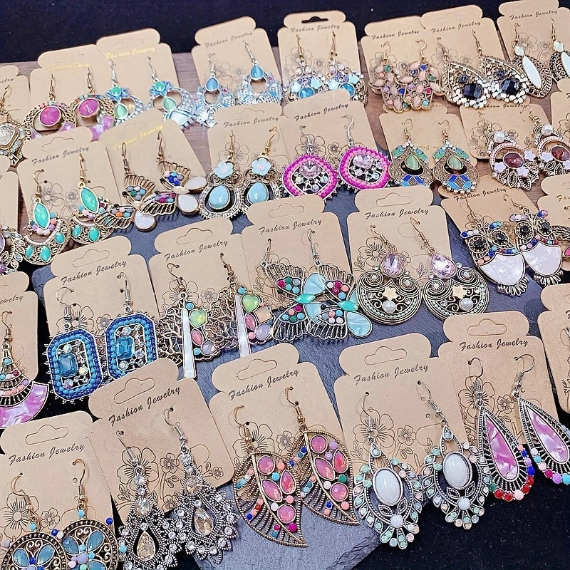 20 Pairs/ Pack Retro Ethnic Style Synthetic Zirconia Inlaid Copper Alloy Women'S Earrings Luxury Elegant Mixed Style Multi-Piece Set Earrings Party Wedding Daily Wear Jewelry Random Delivery OPP Bag Packaging