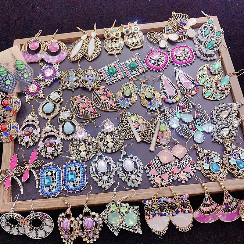 20 Pairs/ Pack Retro Ethnic Style Synthetic Zirconia Inlaid Copper Alloy Women'S Earrings Luxury Elegant Mixed Style Multi-Piece Set Earrings Party Wedding Daily Wear Jewelry Random Delivery OPP Bag Packaging