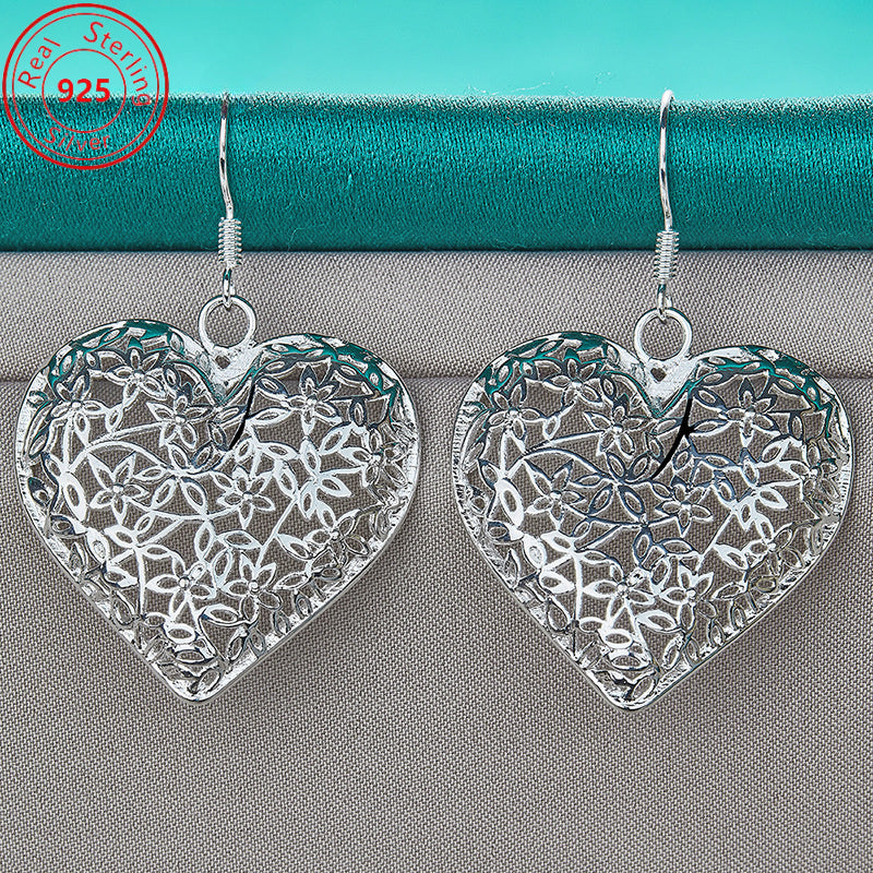 Heart Earrings S925 Sterling Silver for Women - Hollow Heart Drop Earrings, Hypoallergenic Elegant Silver Dangle Earrings, Romantic Gift for Her Daily Wear & Special Occasions