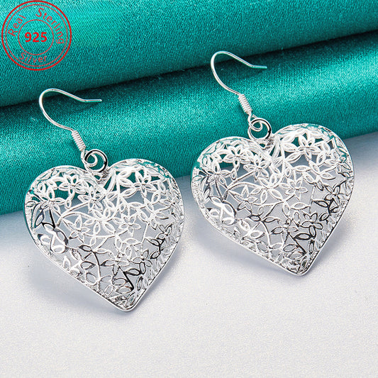 Heart Earrings S925 Sterling Silver for Women - Hollow Heart Drop Earrings, Hypoallergenic Elegant Silver Dangle Earrings, Romantic Gift for Her Daily Wear & Special Occasions