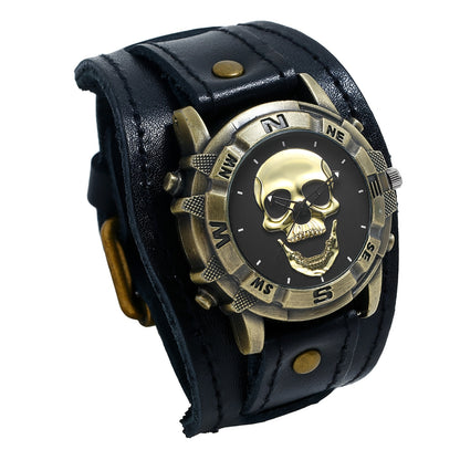 Men's Skull Watch Steampunk Analog Quartz Wristwatch - Vintage Gothic Hollow Dial Wide Leather Band Biker Watch for Halloween Party Casual Wear