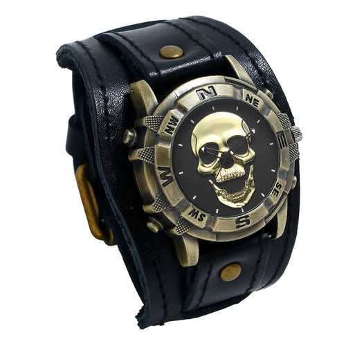 Men's Skull Watch Steampunk Analog Quartz Wristwatch - Vintage Gothic Hollow Dial Wide Leather Band Biker Watch for Halloween Party Casual Wear