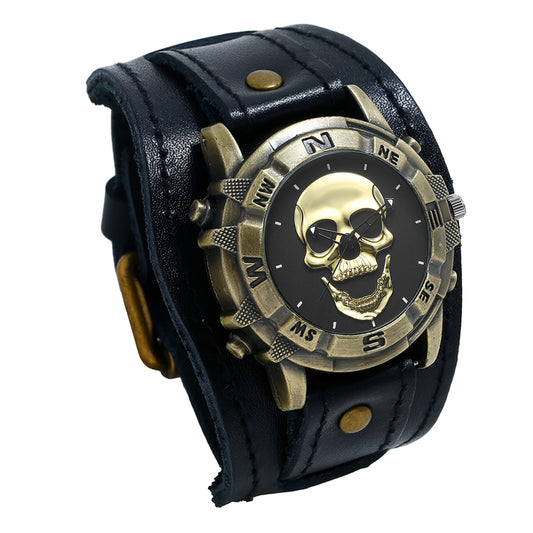 Men's Skull Watch Steampunk Analog Quartz Wristwatch - Vintage Gothic Hollow Dial Wide Leather Band Biker Watch for Halloween Party Casual Wear