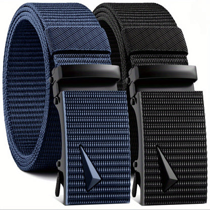 Ratchet Belt Men Automatic Buckle - 2 Pack Adjustable Nylon Woven Casual Belt for Jeans Shorts Work Commuting Party Wear Versatile Fashion