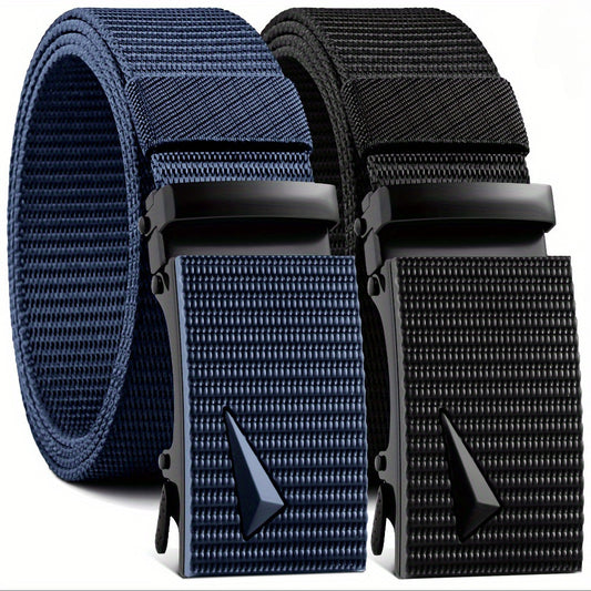 Ratchet Belt Men Automatic Buckle - 2 Pack Adjustable Nylon Woven Casual Belt for Jeans Shorts Work Commuting Party Wear Versatile Fashion