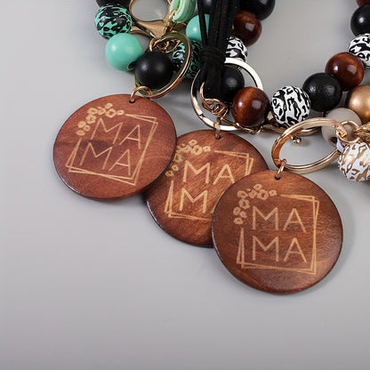 MAMA Wooden Bead Keychain Set 6pcs – Printed Wood Plaque Charm with Tassel & Wrist Key Ring, Boho Mom Keychain for Backpack & Car Keys, Mother's Day & Holiday Gift for Mom