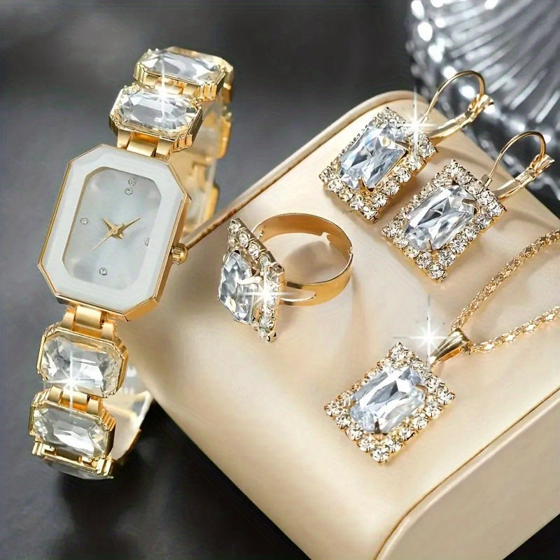 5pcs Women's Luxury Green And Golden Jewelry Set with Square Watch - Bohemian/Elegant Earrings, Rings, Necklace & Bracelet Watch - -Accented Look for Daily Wear & Parties