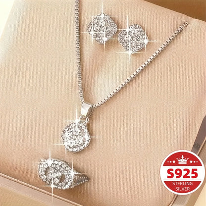 S925 Sterling Silver Jewelry Set Boho Rhinestone Necklace Earrings Ring Set Women Men Gift Daily Wear Anniversary Birthday