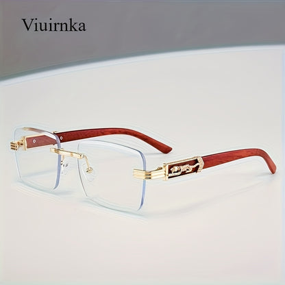 Rimless Rectangle Glasses for Women Men, Vintage Leopard Temple Design, Unisex Retro Eyewear with UV Protection, Sleek Silver & Gold Frames for Outdoor Travel Driving Party — 7 Lens Colors