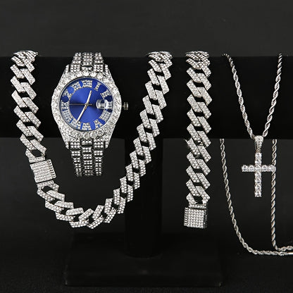 Men's Rhinestone Quartz Watch & Jewelry Set – 3pcs or 4pcs Bundle with Cross Necklace & Bracelet, World-Time Feature, Gold & Silver Tones