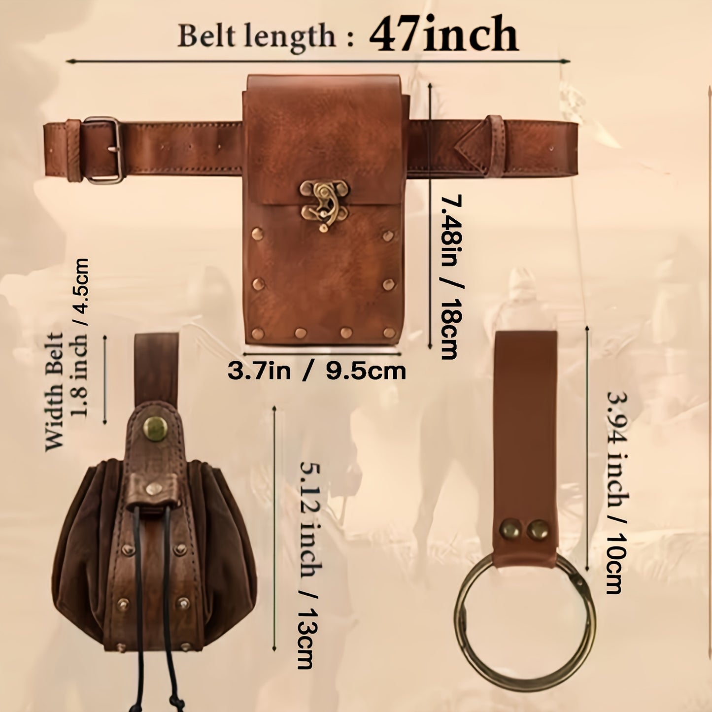 Renaissance Belt Set 3Pcs - Medieval Costume Belt Pouch Coin Purse & Skirt, Vintage Festival Halloween Cosplay Accessories, Adjustable Fanny Pack Waist Bag for Women, Brown & Black