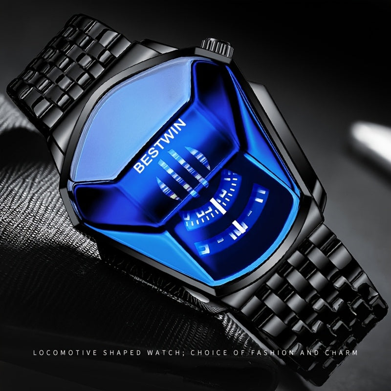 Unique Dashboard Design Men Watches Top Brand Fashion Blue Rhinestones Dial Steel Strap for Man Business Quartz Watch for Gifts