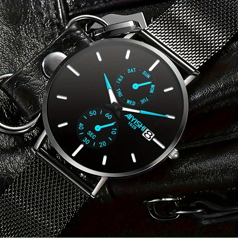 Men's Fashion Quartz Watch With Blue And Red Accents, Stainless Steel Mesh Strap, Modern Design, 14 Mm Case Thickness, Stylish Gift With Box