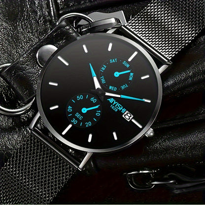 Men's Quartz Watch Stainless Steel Mesh Strap with Gift Box, Modern Slim 14mm Case Fashion Wristwatch with Color Accent Dial, Available in Black Red & Black Blue