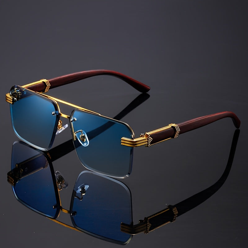 Rimless Glasses 5 Pack Double Bridge Wooden Temple Polycarbonate Lenses Unisex Minimalist Fashion Eyewear Gray Blue Brown Statement Glasses Party