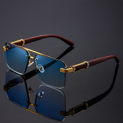 Rimless Glasses 5 Pack Double Bridge Wooden Temple Polycarbonate Lenses Unisex Minimalist Fashion Eyewear Gray Blue Brown Statement Glasses Party