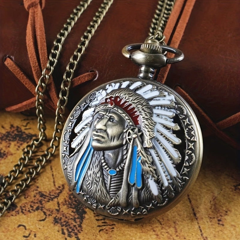 Top Brand Ancient Indian Old for Man Colorful Portrait Design Quartz Fob Pocket Watch Bronze Pendant Necklace Chain Souvenir Gifts