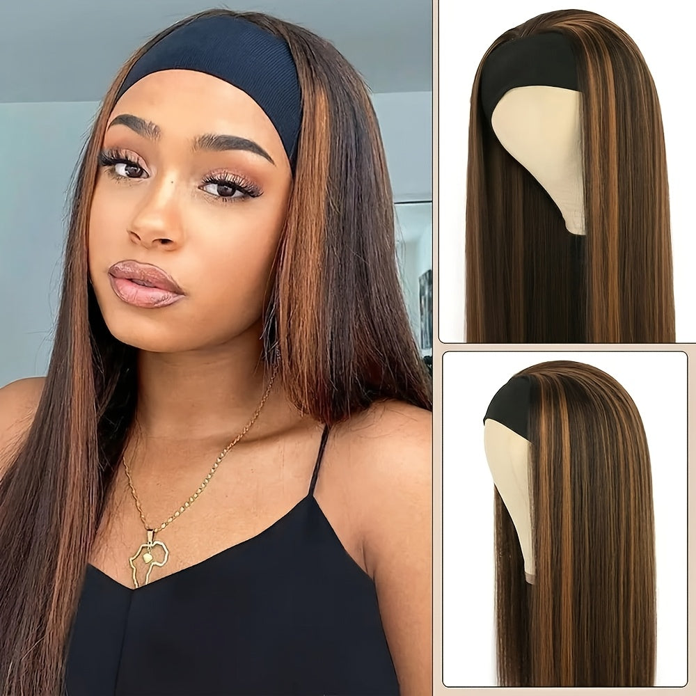 A 26-Inch Wig with Headband, Long Straight Headband, Integrated Natural Fashion Brown Golden Mixed Color Women'S Headband, Suitable for Daily Role-Playing, Halloween, Holiday Parties, Stage Performances, And Fashion Events