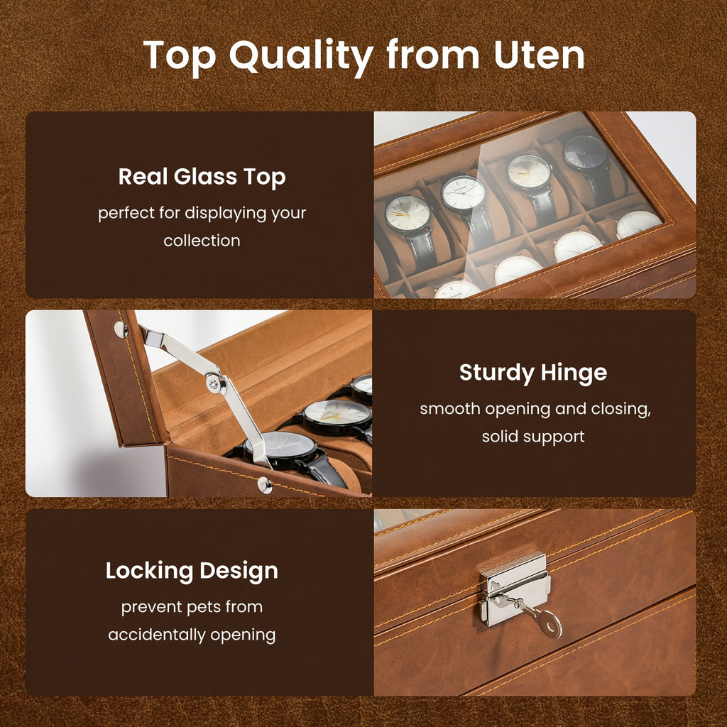 20-grid Double-layer Watch Box, Brown, Black, Gray Pillows, Solid Glass Cover, Suitable for Collection And Display, Protect Your Watches.