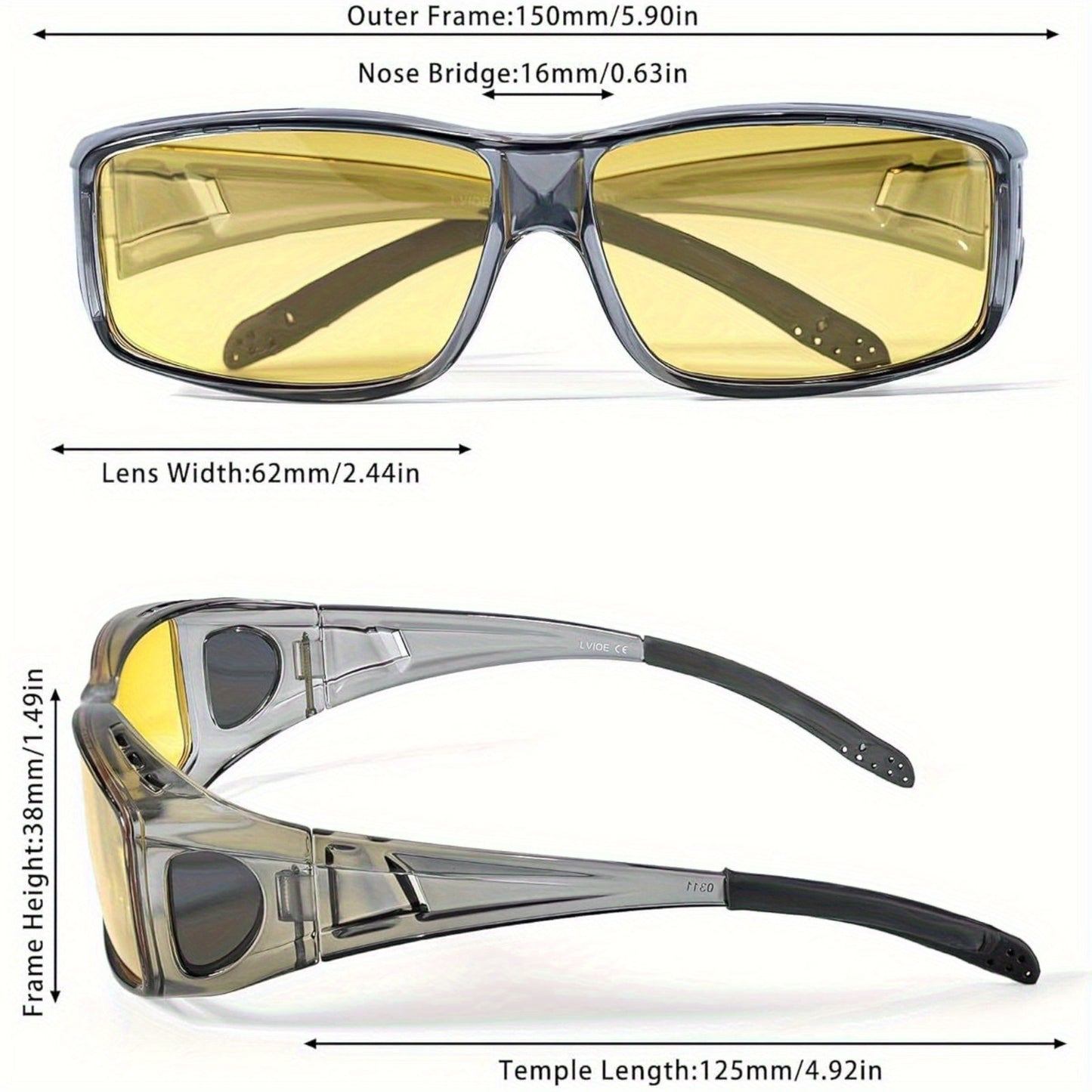 Night Vision Glasses Fit Over Prescription Eyewear – Anti-Glare Yellow Lens Driving Eyewear for Men & Women, HD Nighttime Clarity, Wraparound Overglasses, Grey & Black