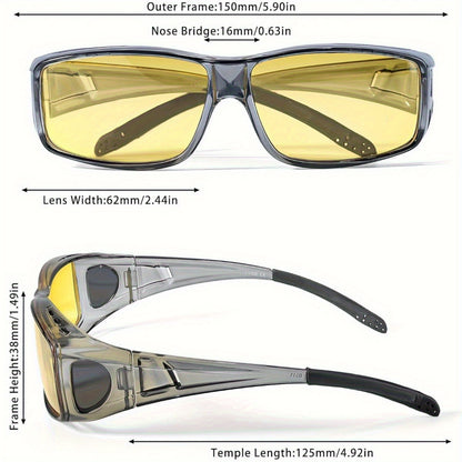 Night Vision Glasses Fit Over Prescription Eyewear – Anti-Glare Yellow Lens Driving Eyewear for Men & Women, HD Nighttime Clarity, Wraparound Overglasses, Grey & Black