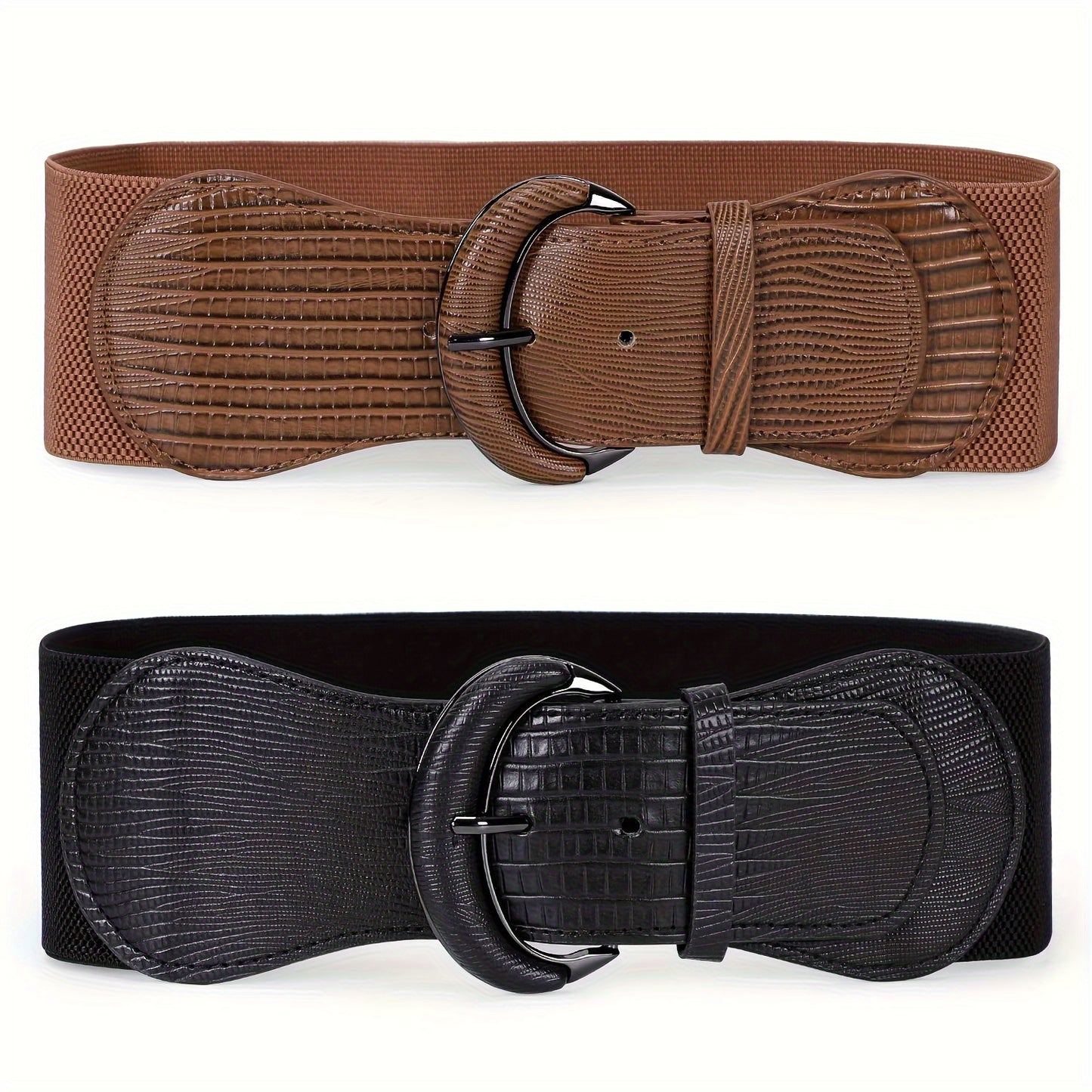 Wide Belt for Women 2Pcs Set - Elastic Needle Buckle Waist Belt for Dresses, Black Red & Black Brown, Sizes S-2XL, Versatile Fashion Belt for Party Wedding Daily Commute & Beach