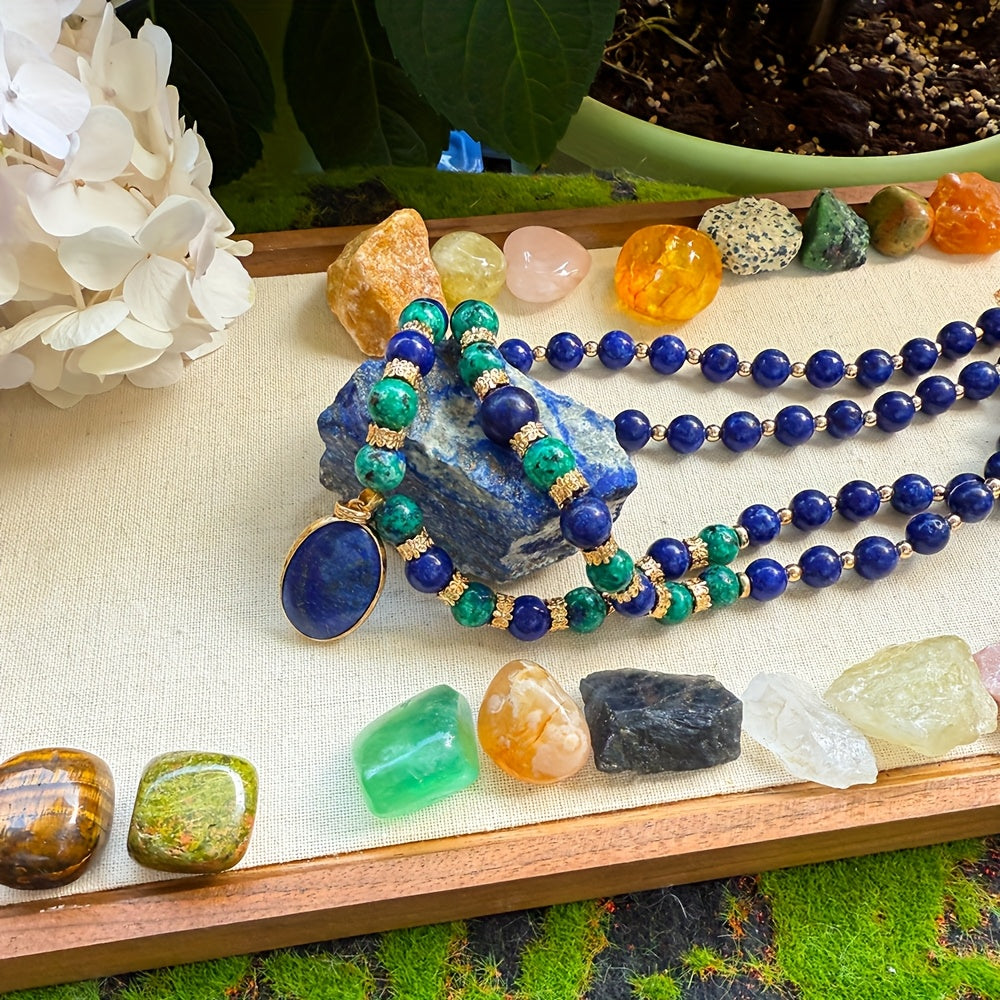 Lapis Lazuli Necklace Set 2pcs - Natural Stone Phoenix Double Layer Boho Necklace, Blue Gemstone Layered Jewelry for Women Teens, Birthday Holiday Luxury Gift