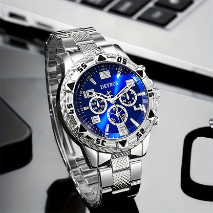 Vintage Stainless Steel Watch Set for Men 2pcs Quartz World Time Round Dial Battery Powered Gift for Boyfriend Halloween Christmas Thanksgiving Valentine