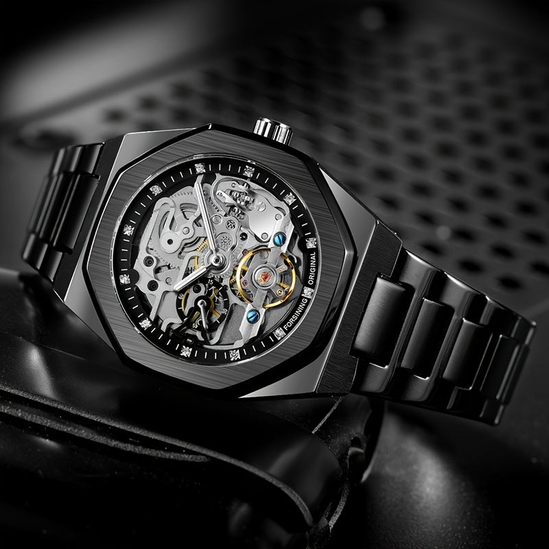 FORSINING Skeleton Tourbillon Automatic Mechanical Watch for Men – Luminous Hands, Stainless Steel Band, Irregular Case, Luxury Business Gift