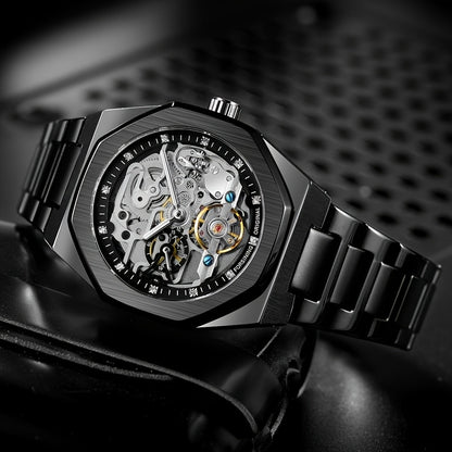 FORSINING Skeleton Tourbillon Automatic Mechanical Watch for Men – Luminous Hands, Stainless Steel Band, Irregular Case, Luxury Business Gift