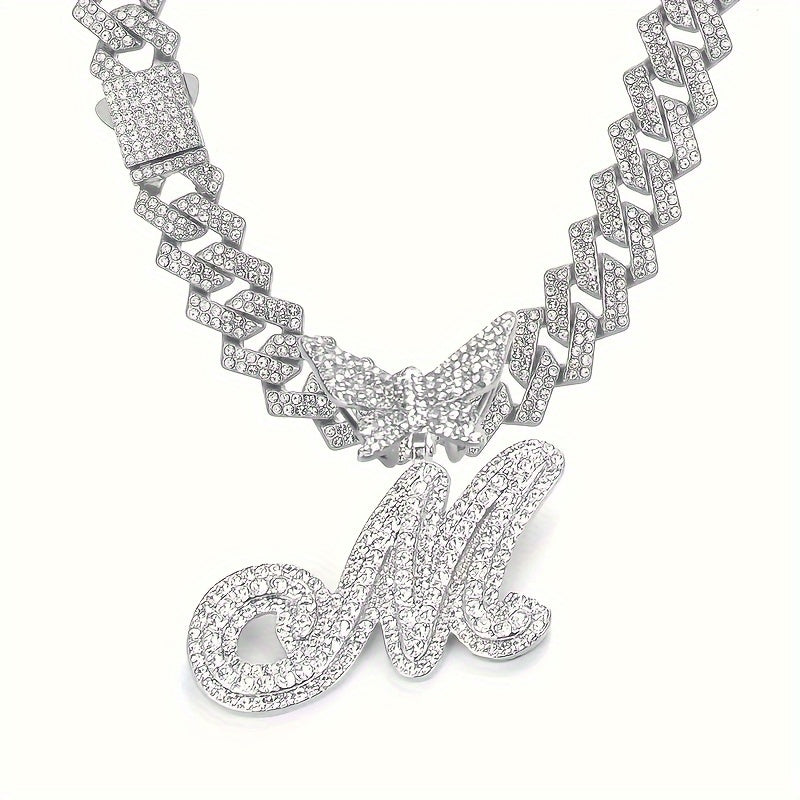 Cuban Link Chain Necklace - Initial Letter for Men Women - with Butterfly Alphabet Pendant A-Z, Gold & - product detail view