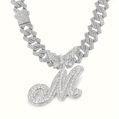 Cuban Link Chain Necklace - Initial Letter for Men Women - with Butterfly Alphabet Pendant A-Z, Gold & - product detail view
