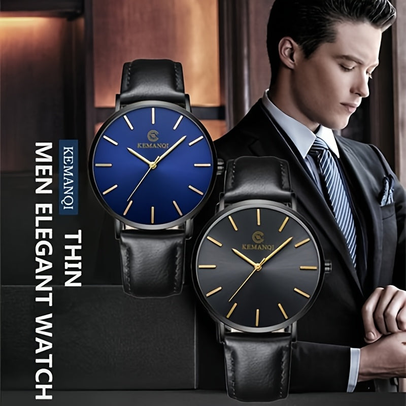 Minimalist Watch for Men Analog Quartz Round Dial PU Leather Strap Stainless Steel Case Elegant Casual Business Wristwatch Low Maintenance Black Blue