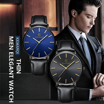 Minimalist Watch for Men Analog Quartz Round Dial PU Leather Strap Stainless Steel Case Elegant Casual Business Wristwatch Low Maintenance Black Blue