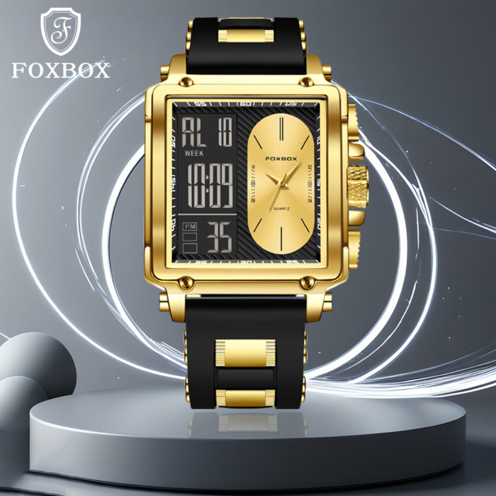 LIGE Men's Luxury Dual Display Business Watch - Golden & Black Quartz Chronograph with World Time, Stopwatch, Date Display, Square Face, Battery-Powered - Ideal for Father's Day & Christmas Gifts, Versatile Wristwatch, Modern Square Face, Sophisticated St