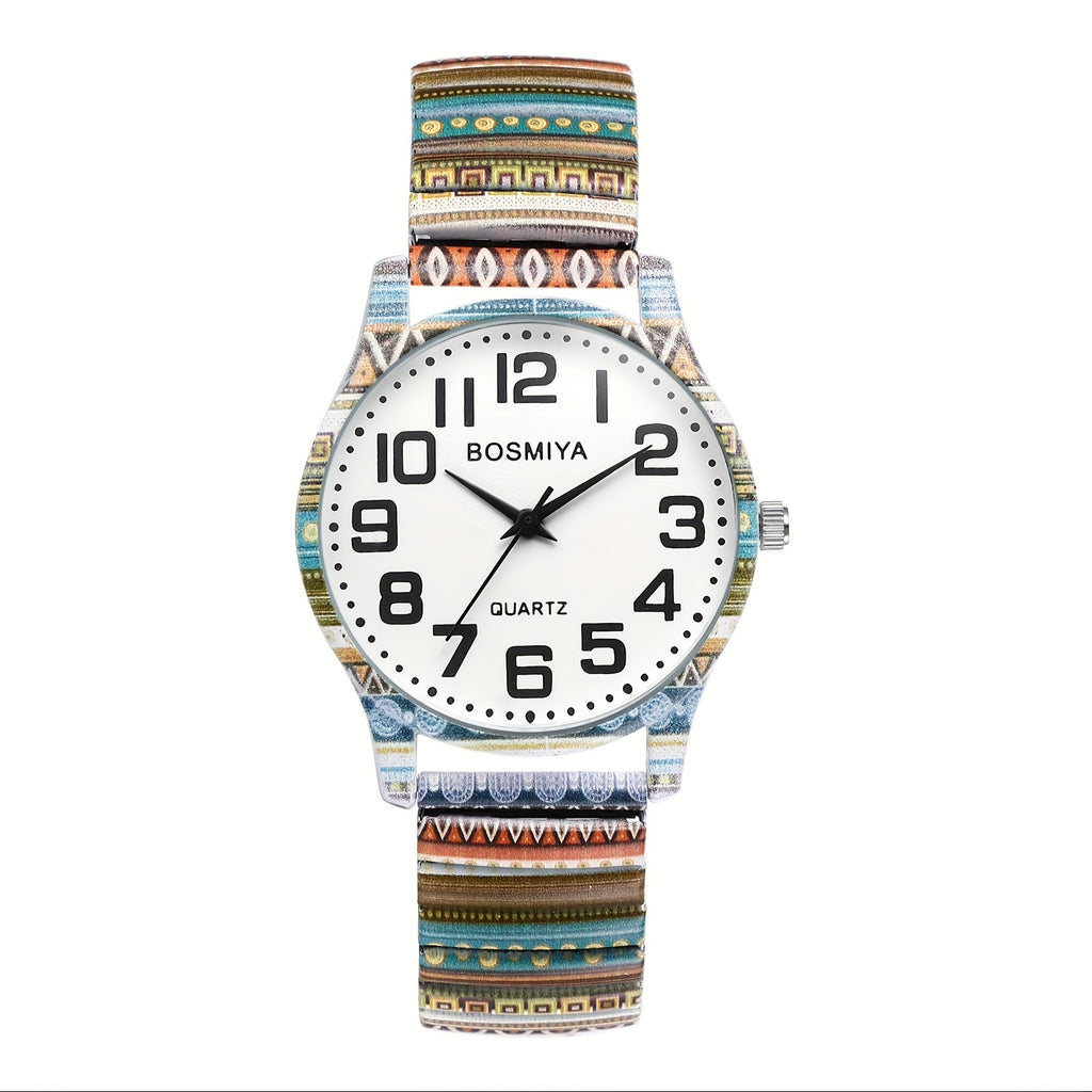 Bohemian Analog Quartz Watch, Women's Watches, Printed Stretch Stainless Steel Strap, Large Arabic Numerals Scale Dial, Clear And Easy to Read, Easy to Wear, Christmas Birthday Gift