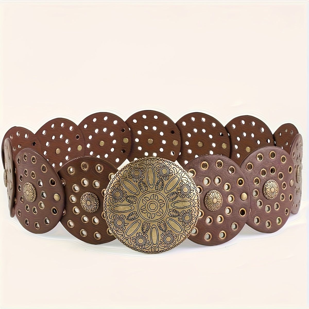 Vintage Bohemian Women's Belt with Engraved Metal Buckle - Western Style Handcrafted Round Buckle with Perforated Design for Casual, Party, Travel - A Versatile Fashion Accessory for All Seasons