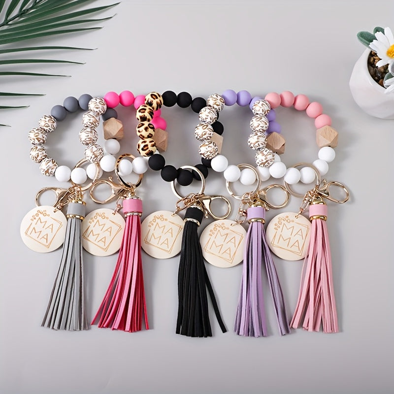 5pcs Set Of Leopard Print Wooden Beads MAMA Wooden Charm Bead Wrist Key Ring PU Tassel Round Wooden Pendant Keychain Gift for Mom, Mother's Day Gift, Holiday Gift