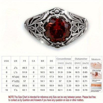 Red Zirconia Ring S925 Sterling Silver Lattice Flower Design Vintage Elegant Women Ring Nickel-Free Hypoallergenic Daily Party Anniversary Gift