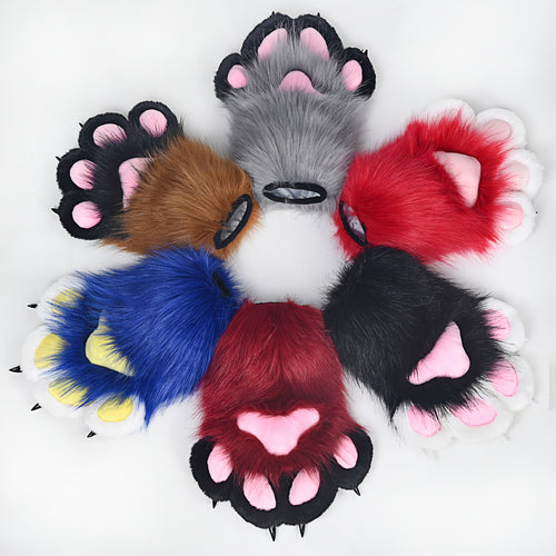 Cat Fox Claw Gloves with Sound Effects - Realistic Furry Beast Animal Paw Costume Gloves for Cosplay Halloween LARP Orc Role Play Costume Accessories in Red Burgundy Blue Brown