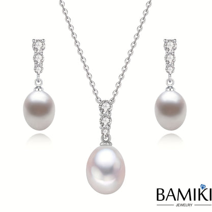 Pearl Pendant Necklace Set S925 Sterling Silver Freshwater Cultured Pearl 9-10MM Pendant Jewelry Set for Women Gift