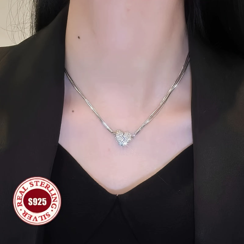 Elegant S925 Sterling Silvery Luxurious Low Allergenic Three-layer Heart-shaped Inlaid Necklace - An Elegant Classic Women's Jewelry, Perfect for Valentine's Day, Daily Wear, And Occasions