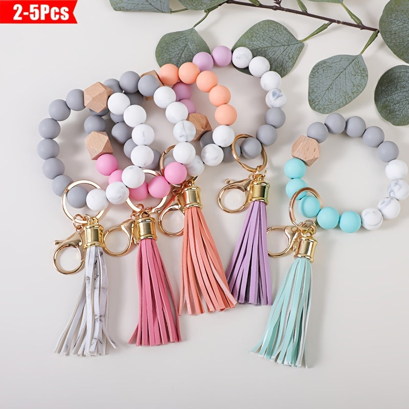 Silicone Beaded Keychain Set Marble Pattern Handmade Beads PU Tassel Key Ring Bag Charm Car Key Pendant Minimalist Gift for Women Mom Teacher Friend