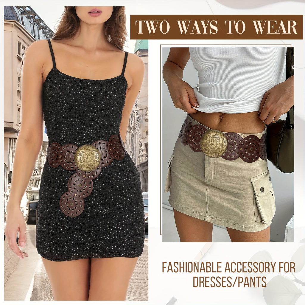 SUOSDEY 1pc Women'S Boho Disc Belt Wide Western Belt Vintage Concho Waist Belt for Dress Jeans