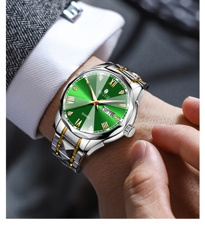 Luxury Sports Watch Men Stainless Steel Luminous Calendar Day Display – Quartz Wristwatch Fashion Casual Timepiece Gift for Men, Blue Green